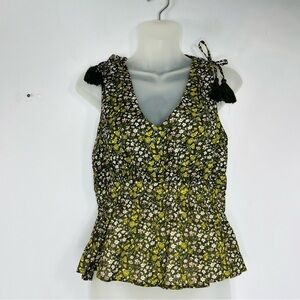 J. Crew Size XS Green Microfloral Peplum Boho Tassel Sleeveless Blouse Top W15
